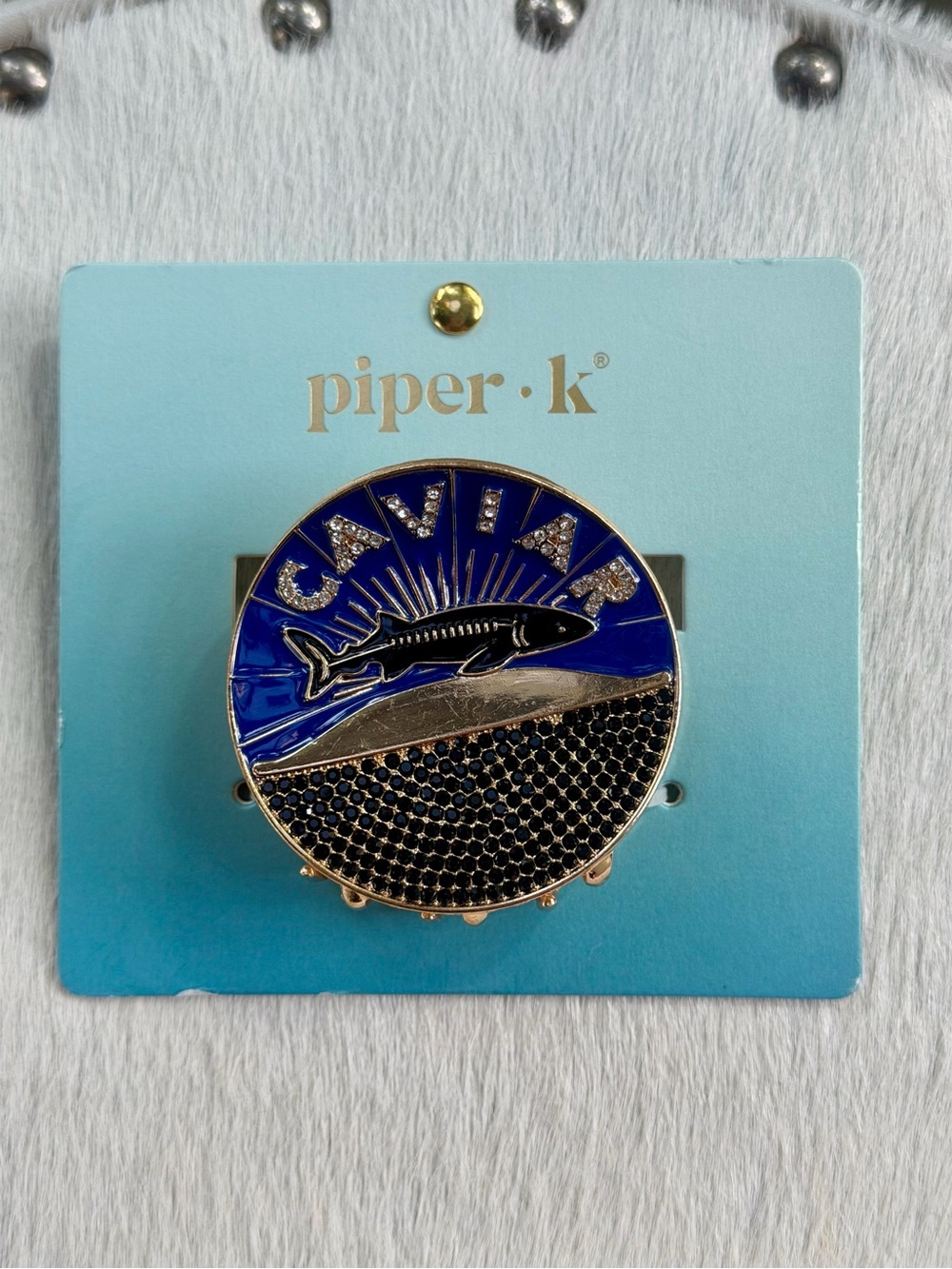 Piper K Caviar Hair Clip Round Metal Claw Gold Blue Enamel Crystal Resort Party